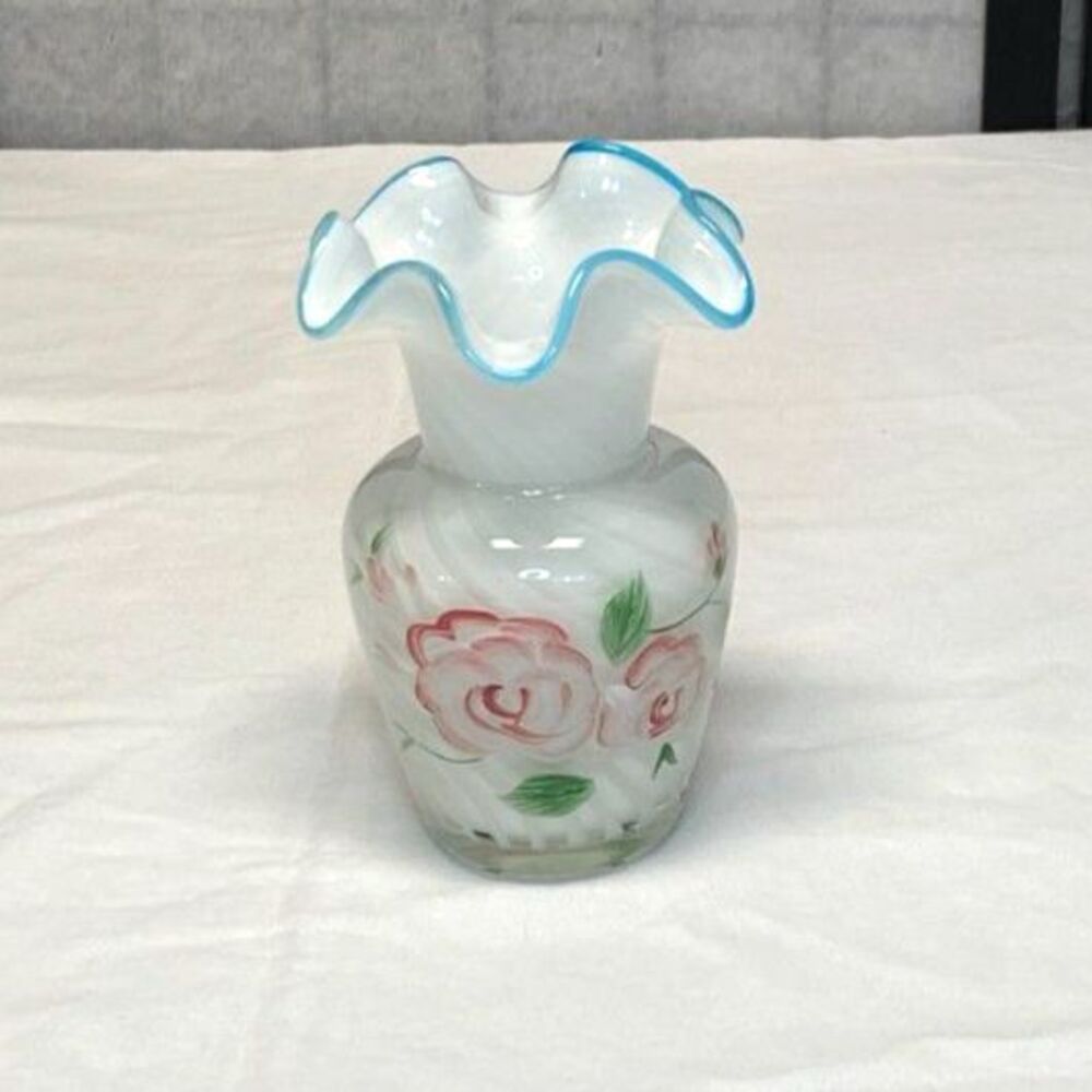 Fenton x Teleflora Cased Swirl Aqua Crest Hand Painted Ruffled Small Glass Vase